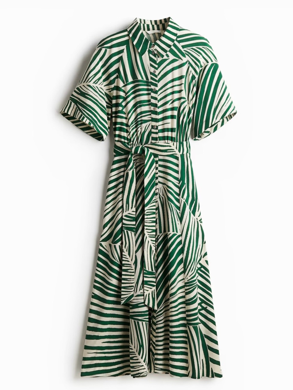 H&M Green and Cream Striped Maxi Shirt Dress with Tie Waist